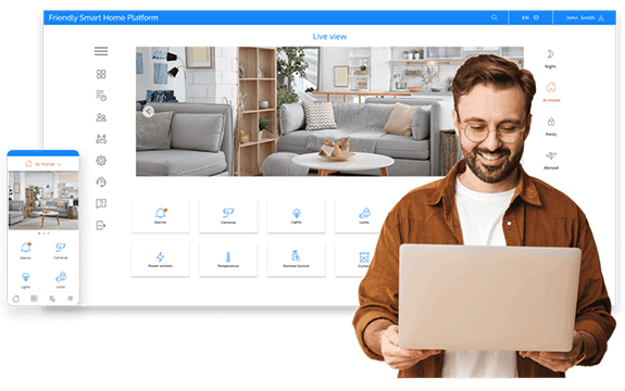 Man with laptop in front of Smart Home Platform