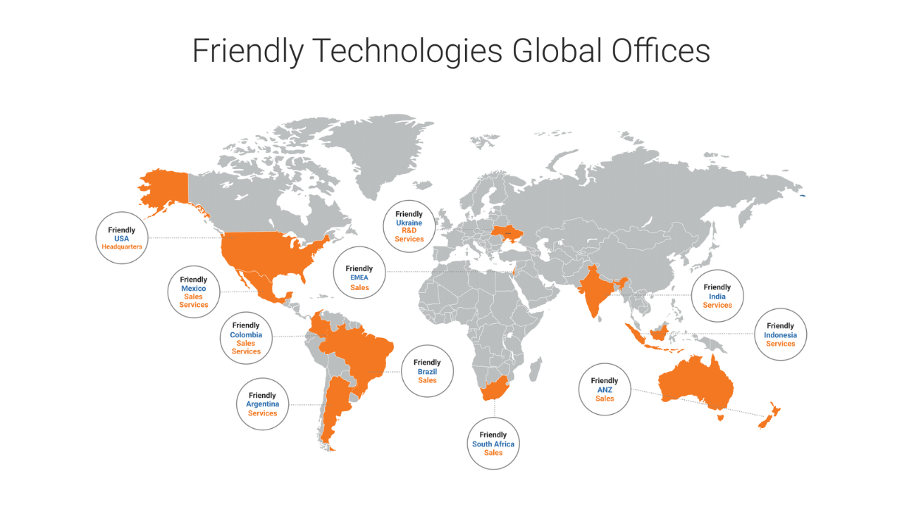 Friendly Technologies global offices map.